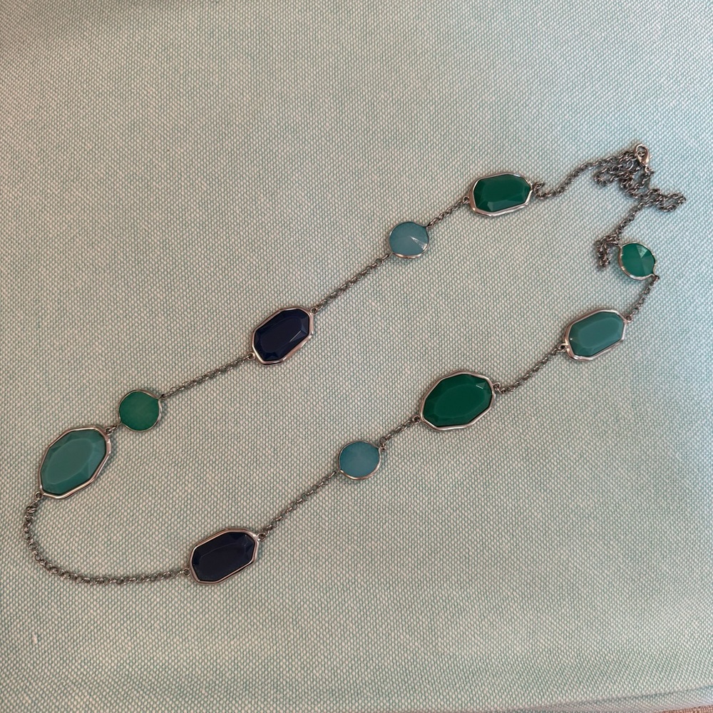 Premier Designs Green and Blue Necklace with Silver Chain